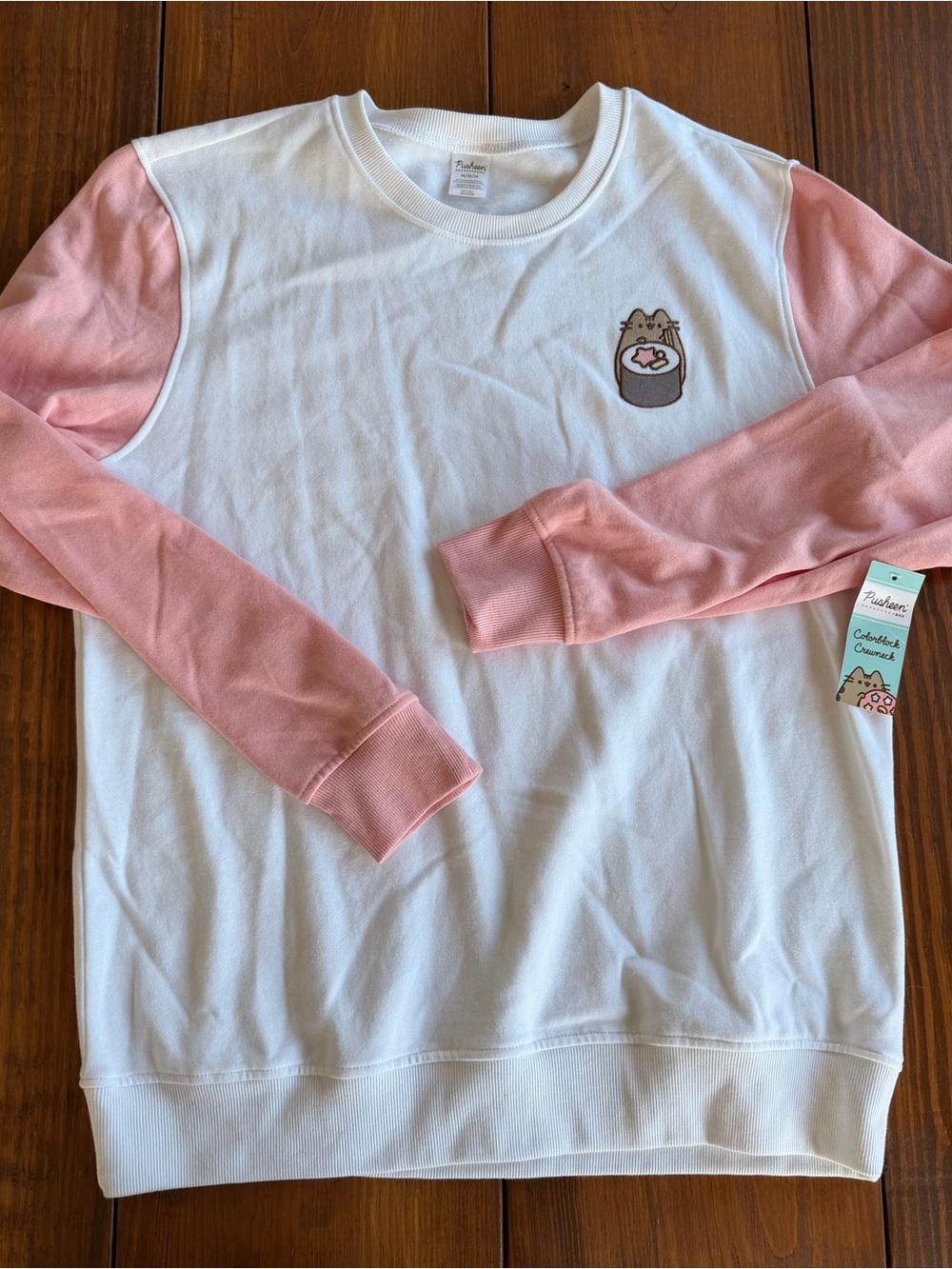 Pusheen White Crewneck Sweatshirt with Pink Raglan Sleeves